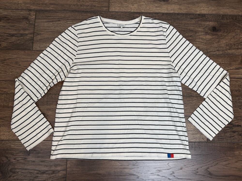 KULE Women XL Long Sleeve Stripe Shirt Black White Cream Boyfriend Top